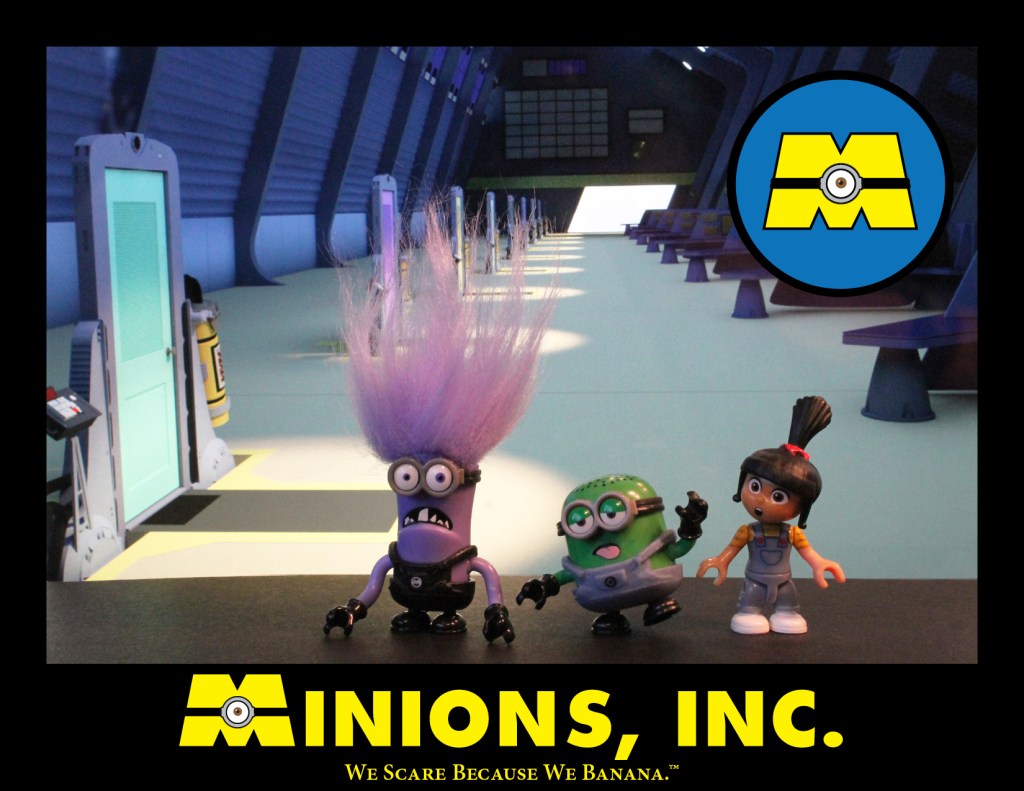 MInions as the monsters, from Monsters Incorporated, standing on the scare floor.