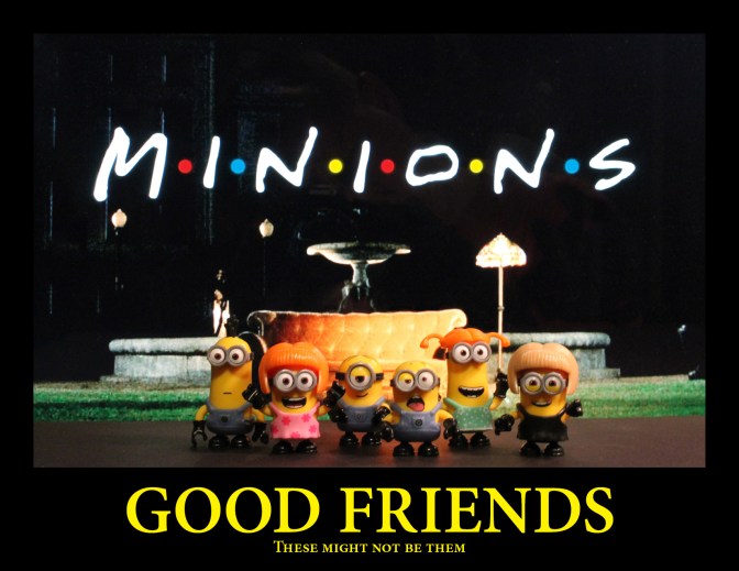 Minions in front of Friends couch with the word minion in the friends logo