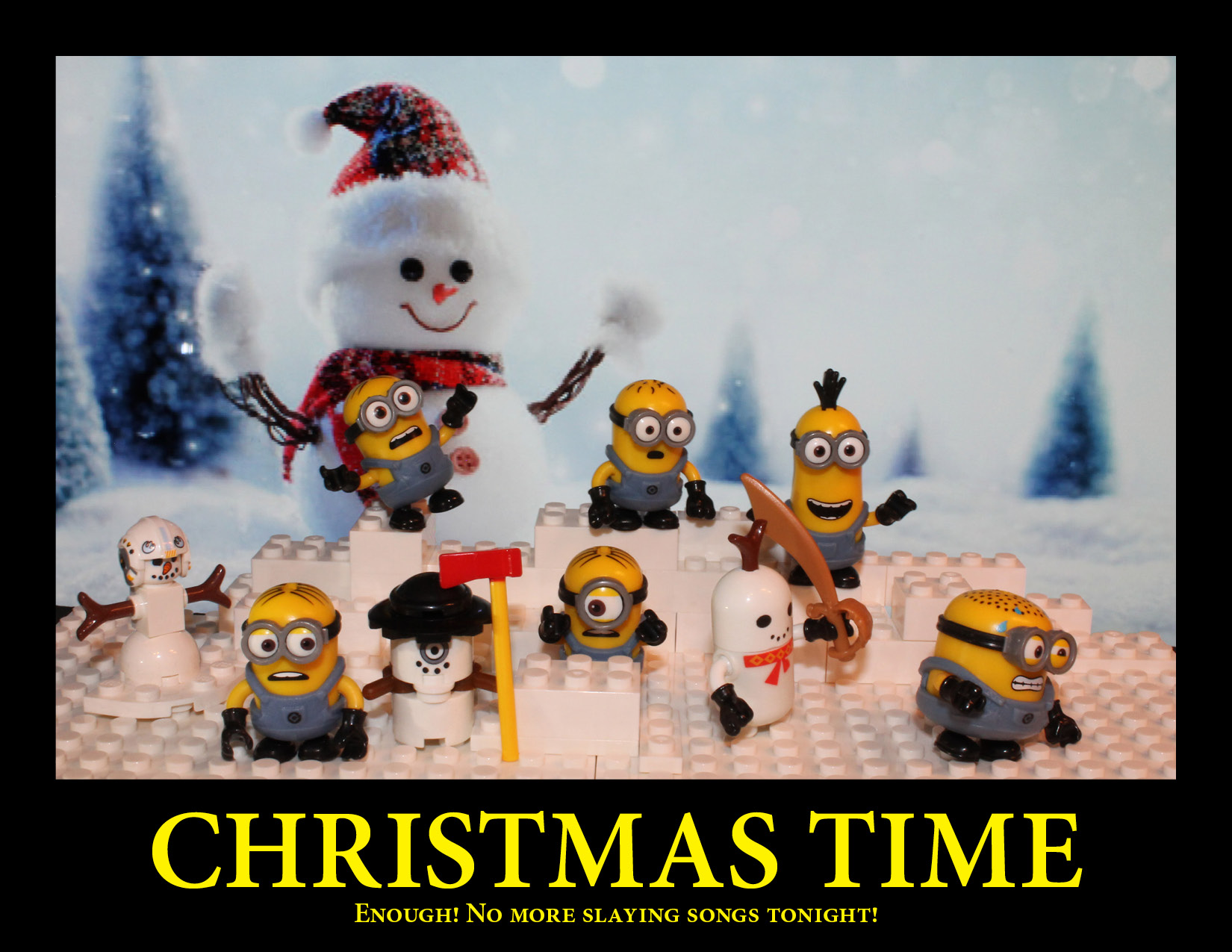 Minions running for lives while killer snowmen chase them down.