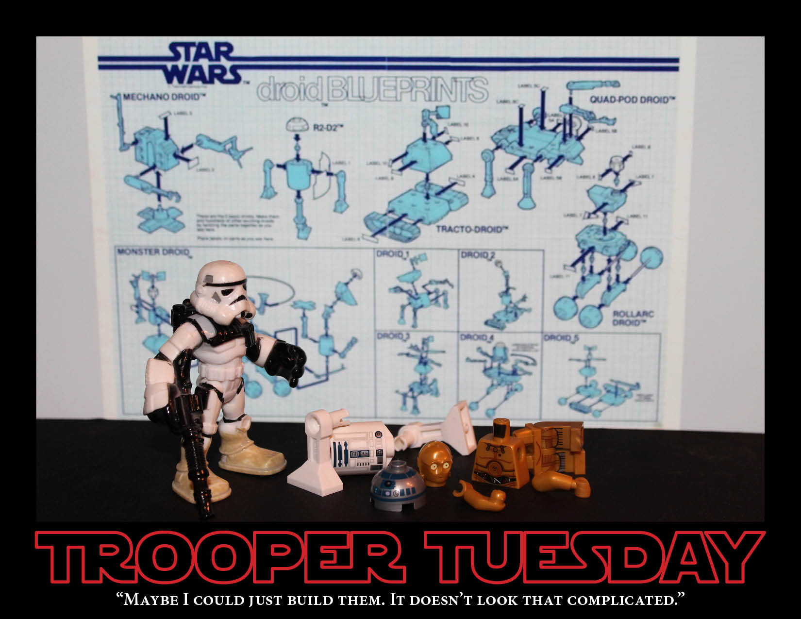 Sandy, the stormtrooper, attempts to build R2-D2 and C3-PO for Darth Vader.