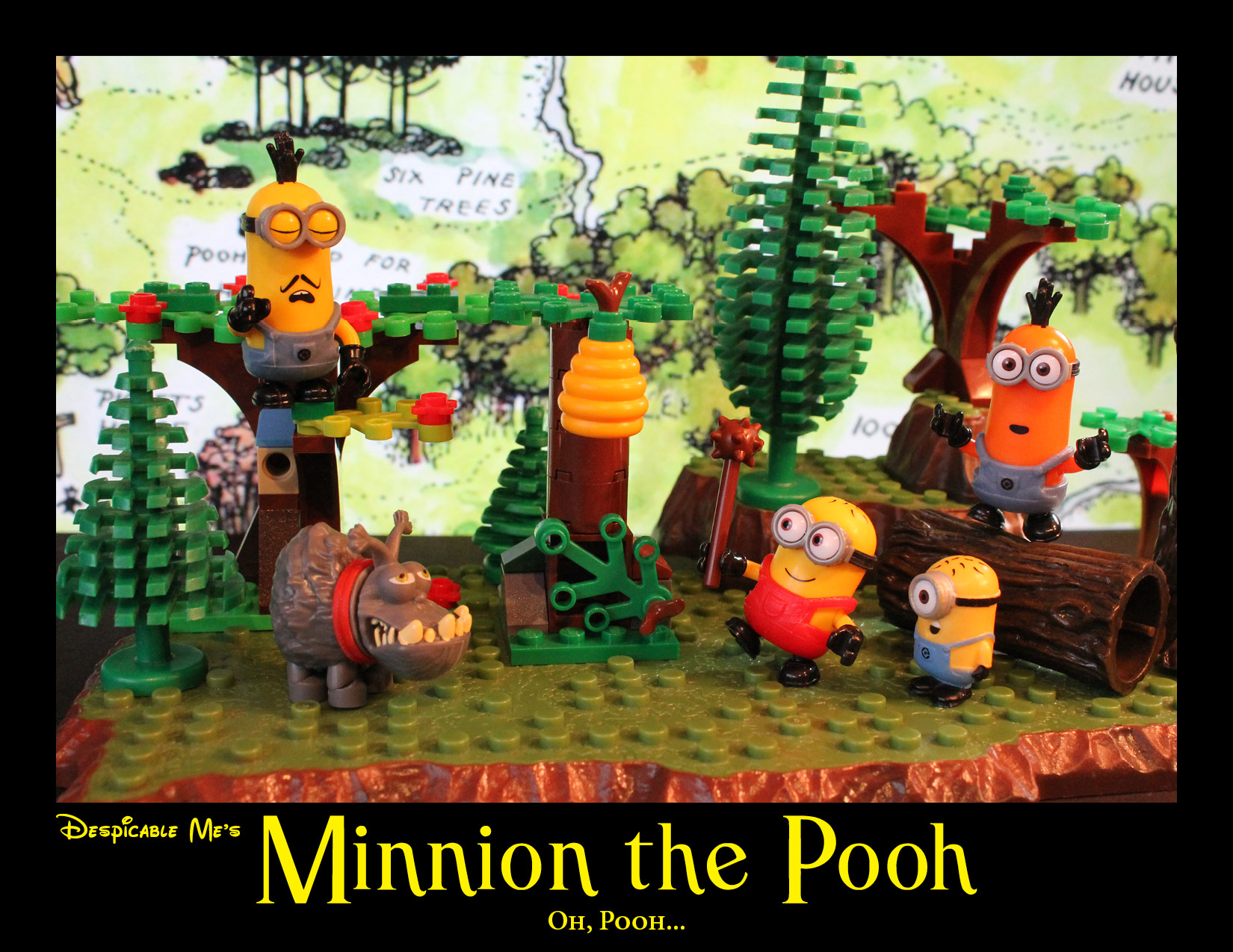 Pooh attempts to get a bee hive, for the hunny, using a spiked club.