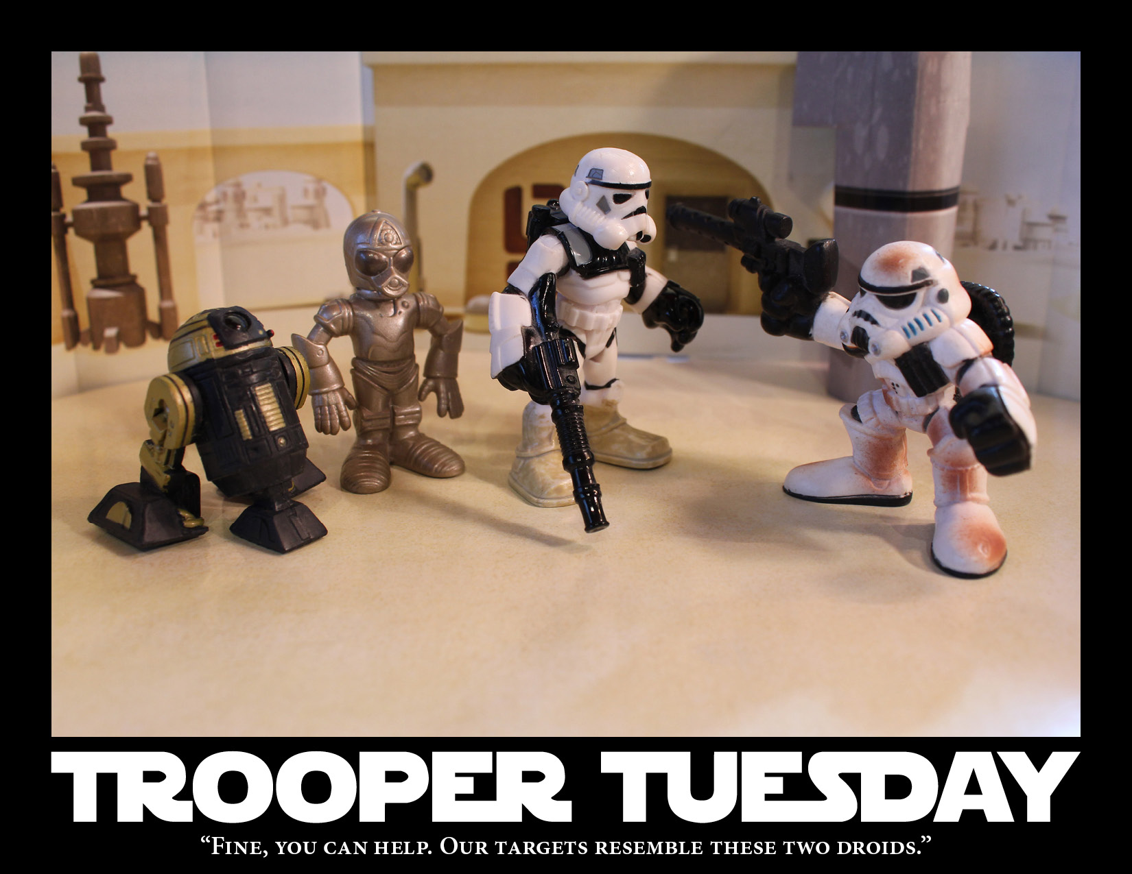 Two Sandtroopers and two droids.