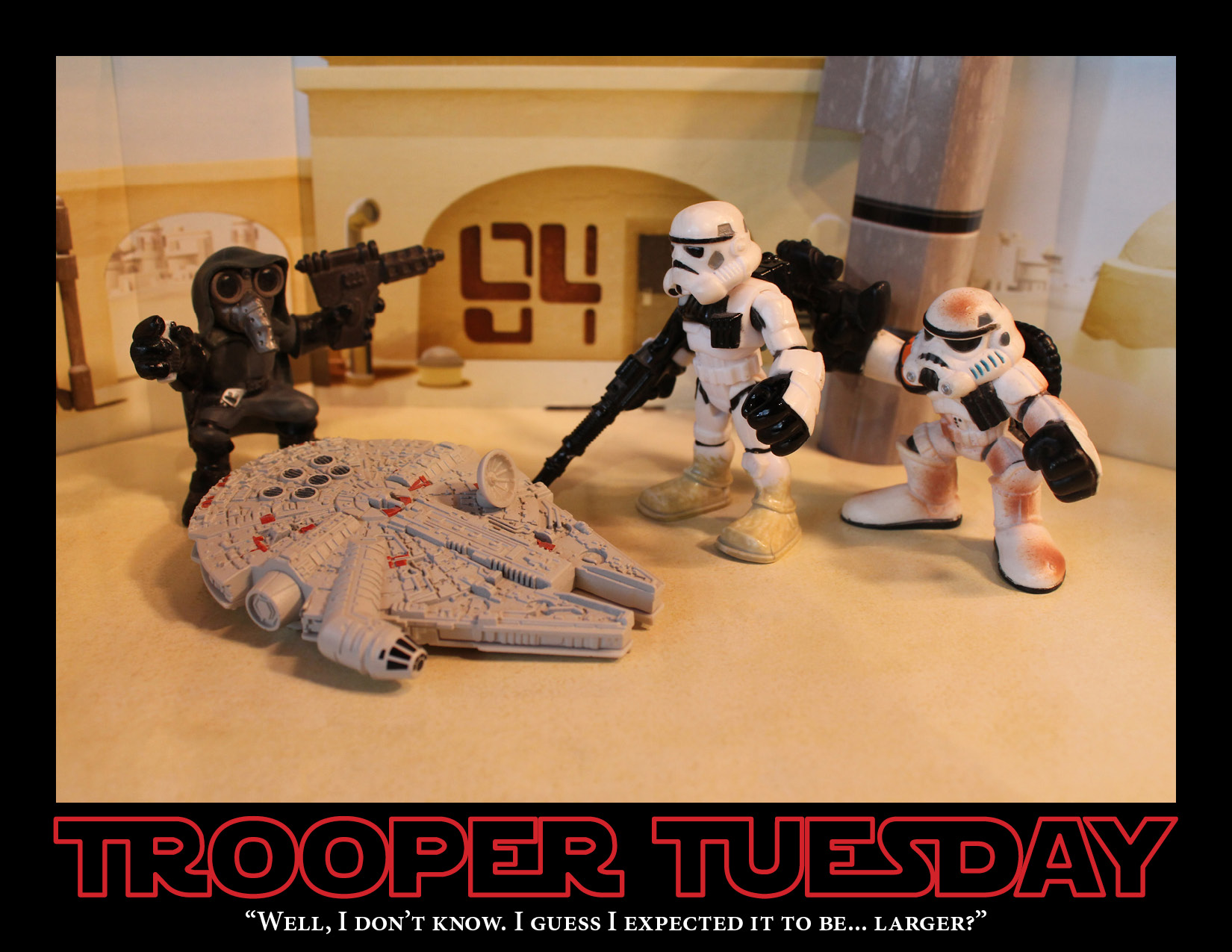 An Imperial Spy, two Sandtroopers, and the Millennium Falcon, in Docking-Bay 94.