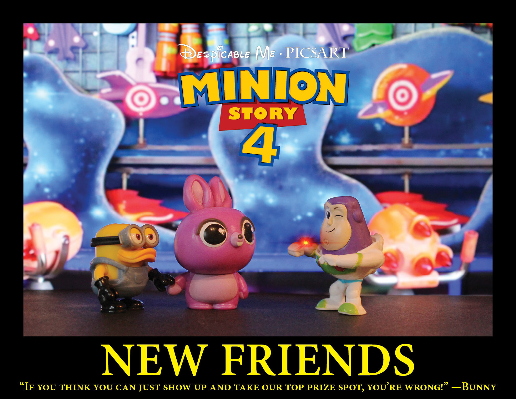 Duck & Bunny, with Buzz Lightyear at the carnival.