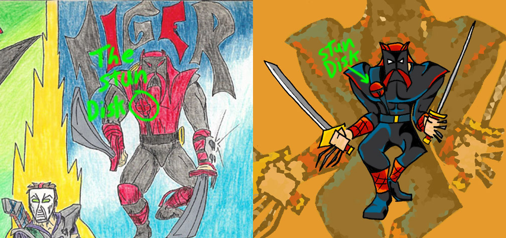 Illustrations of Tiger displaying his Stun Disk on his costume.