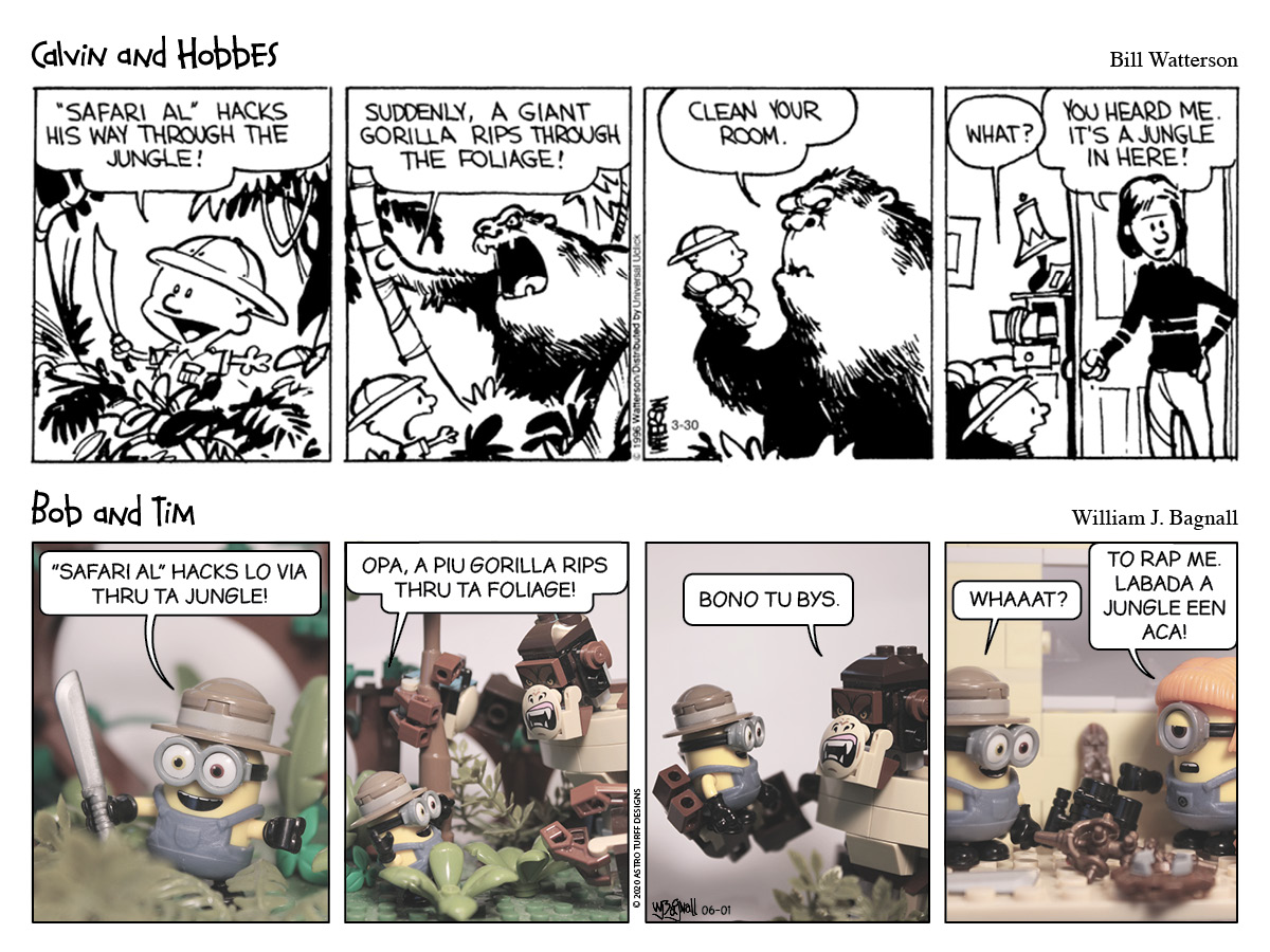 Calvin & Hobbes and Bob & Tim comic strip parody. Clean room and gorilla-mom.