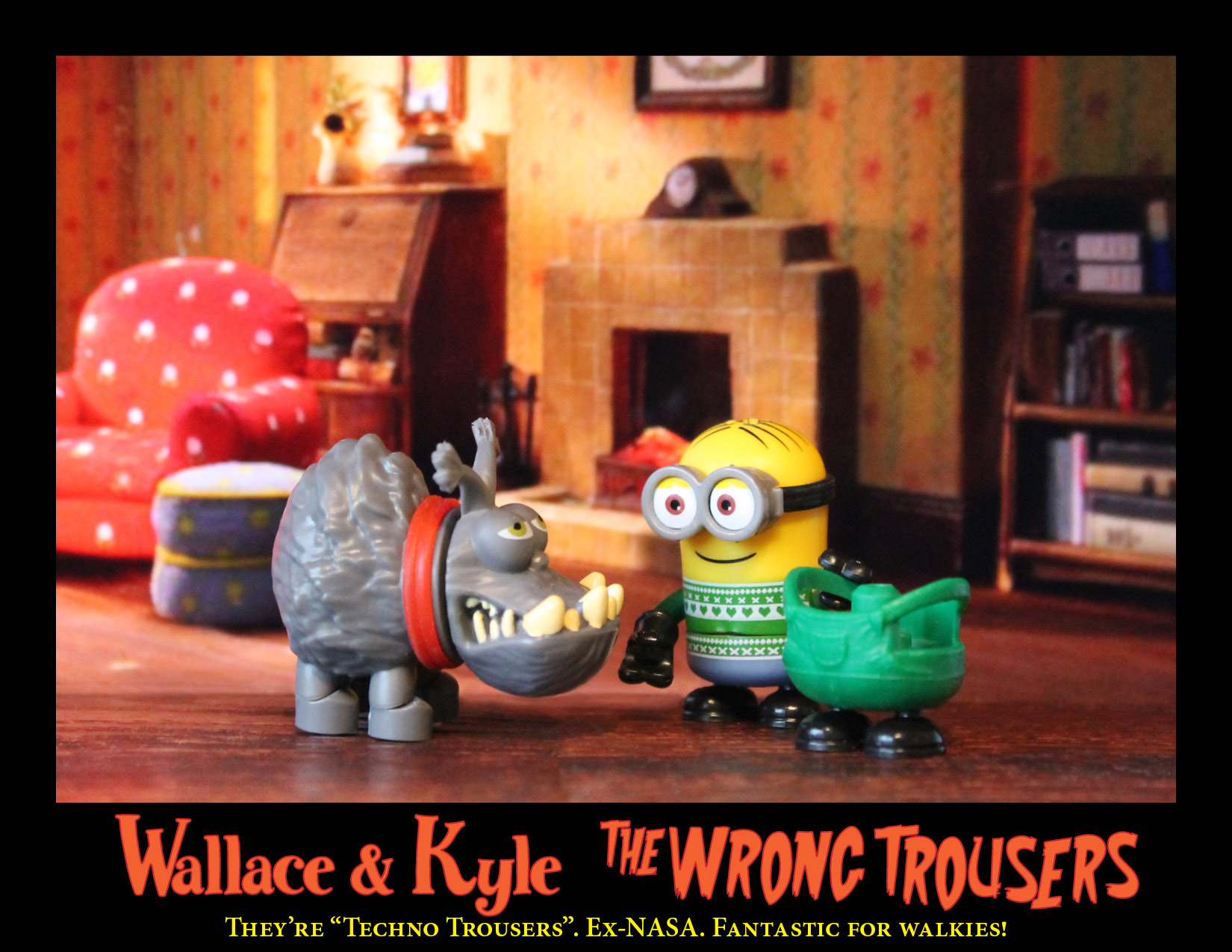 Wallace & Gromit portrayed Minion Style: Wallace & Kyle. Wallace gives Kyle the Techno Trousers.
