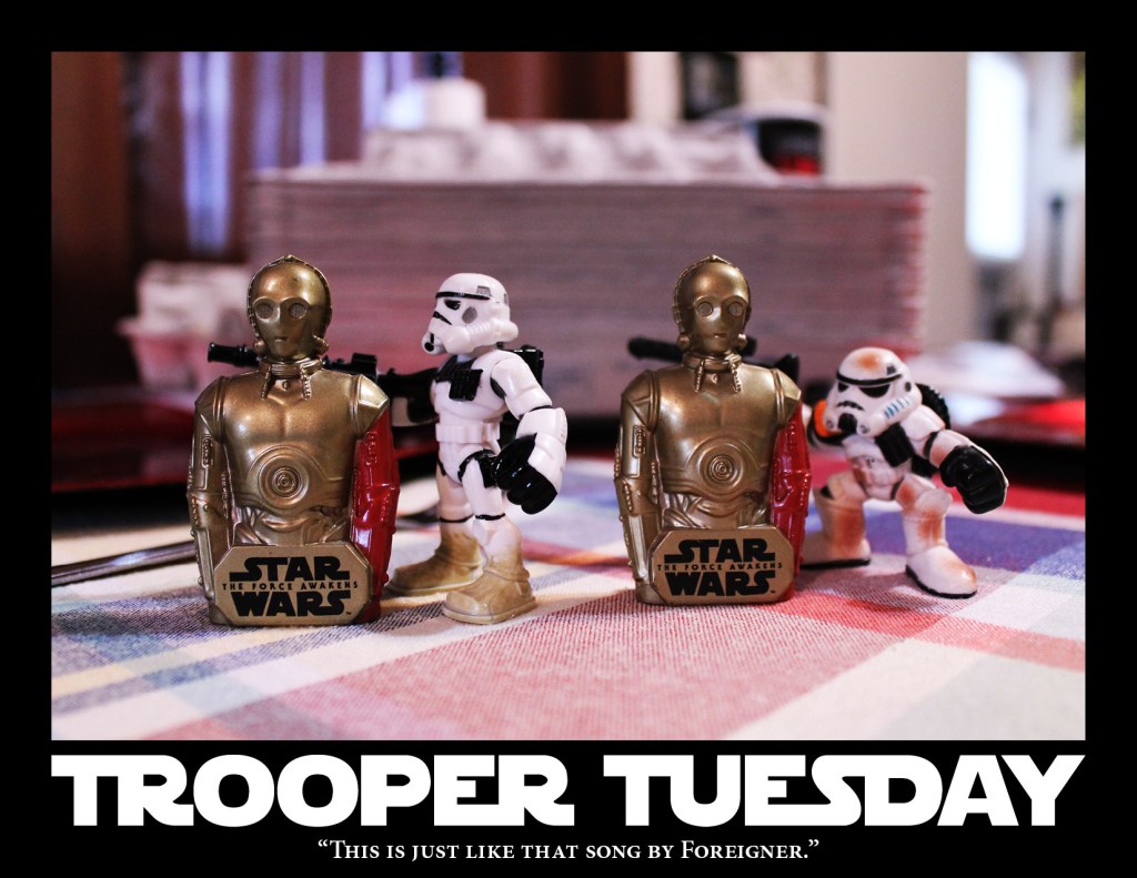 Two Sandtroopers try to identify a duplicate set of C3-PO's.