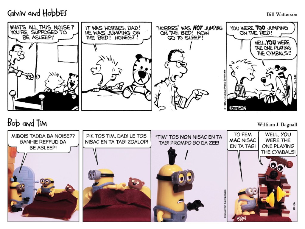 Calvin & Hobbes and Bob & Tim get yelled at by their dad for jumping on the bed.