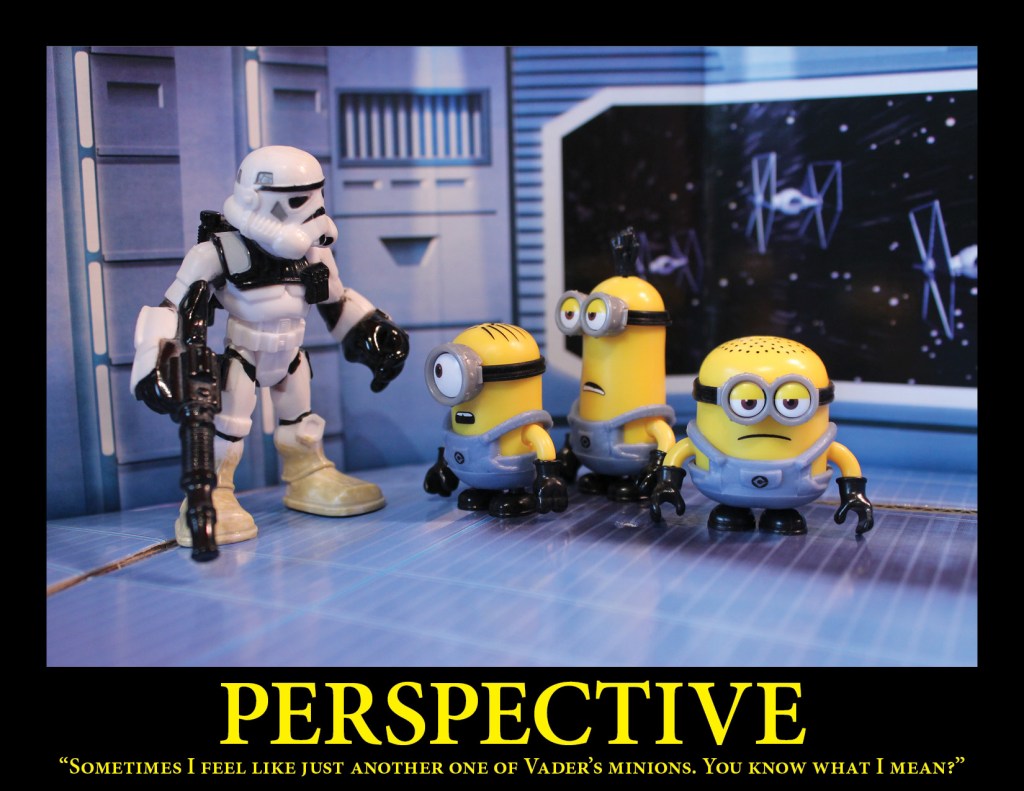 A Sandtrooper discusses his feelings with a group of minions aboard the Death Star.