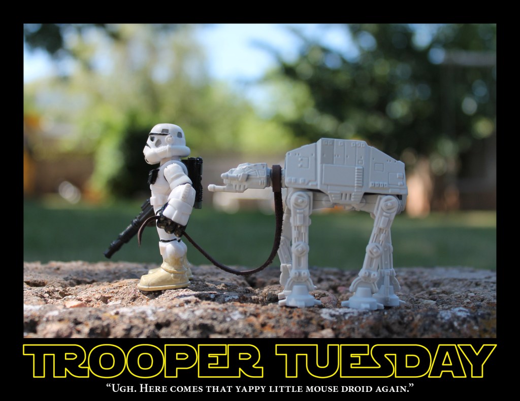 A sandtrooper walks his pet AT-AT, like a dog on a leash.