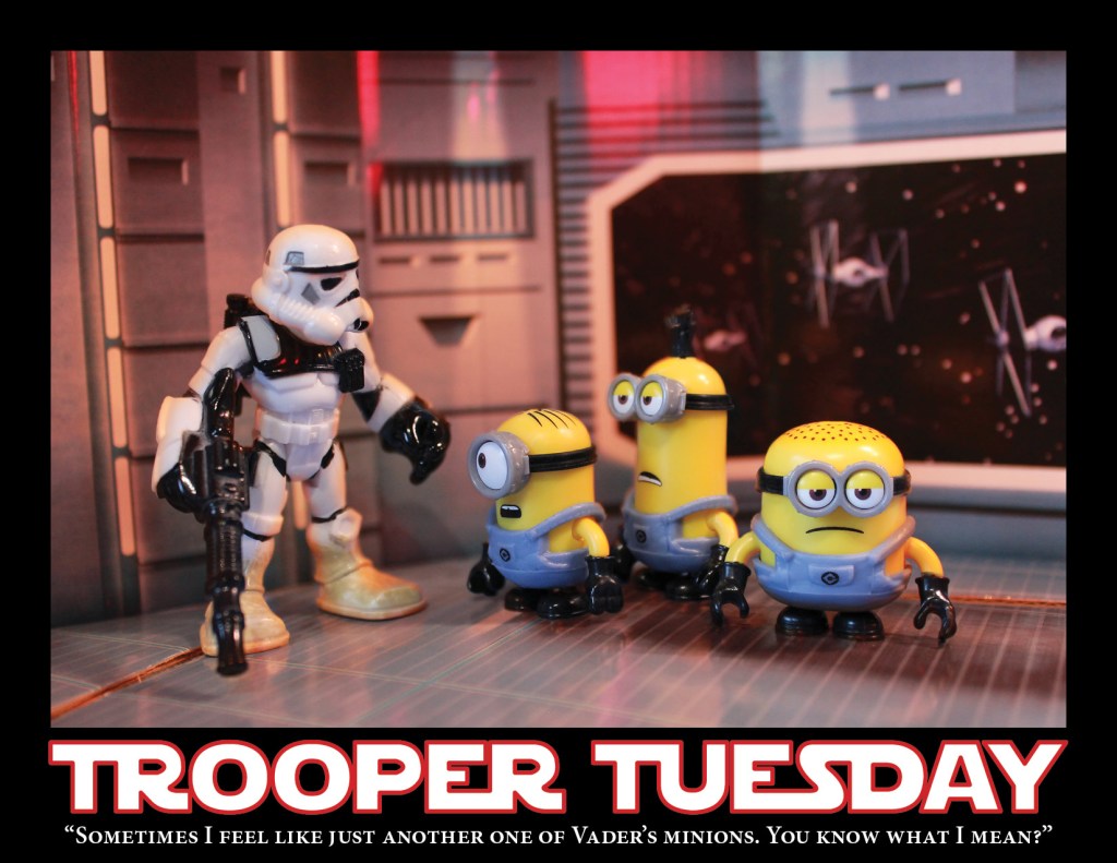 A Sandtrooper talks to a groups of minions aboard the Death Star.