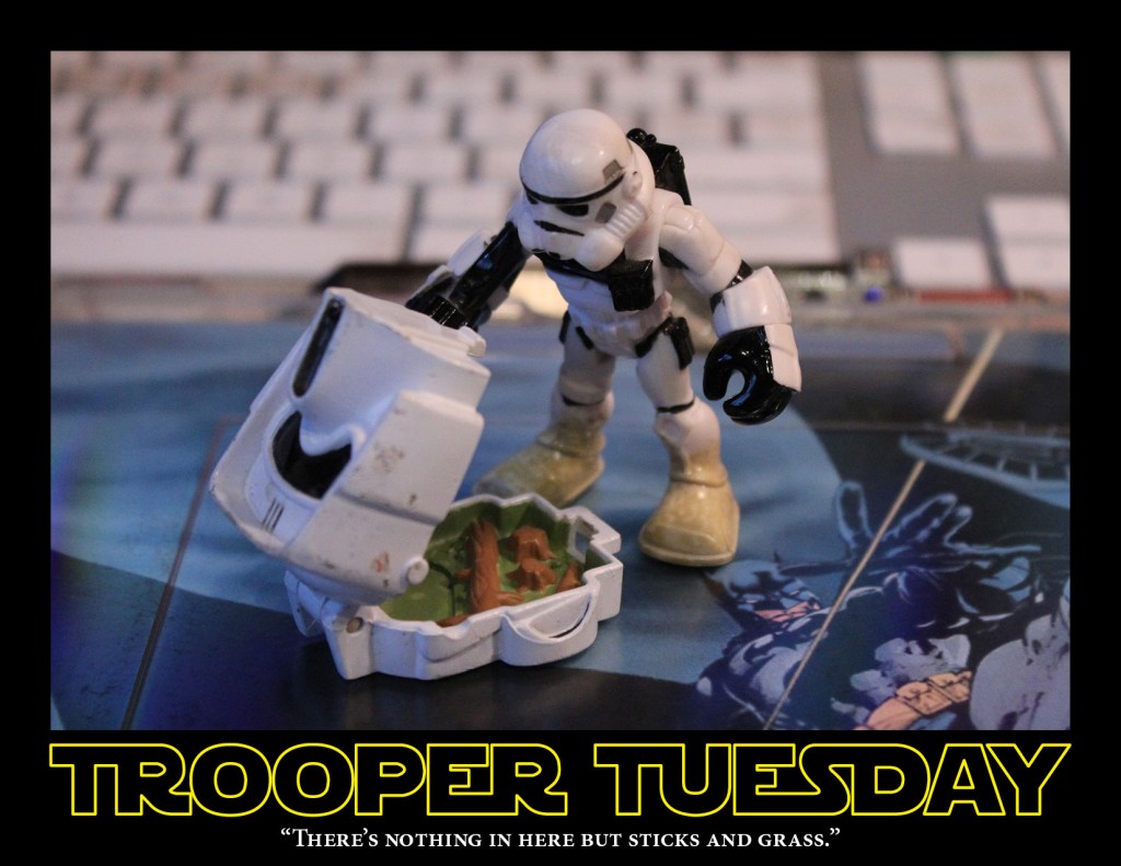 A Sandtrooper examines a Bikerscout toy head.